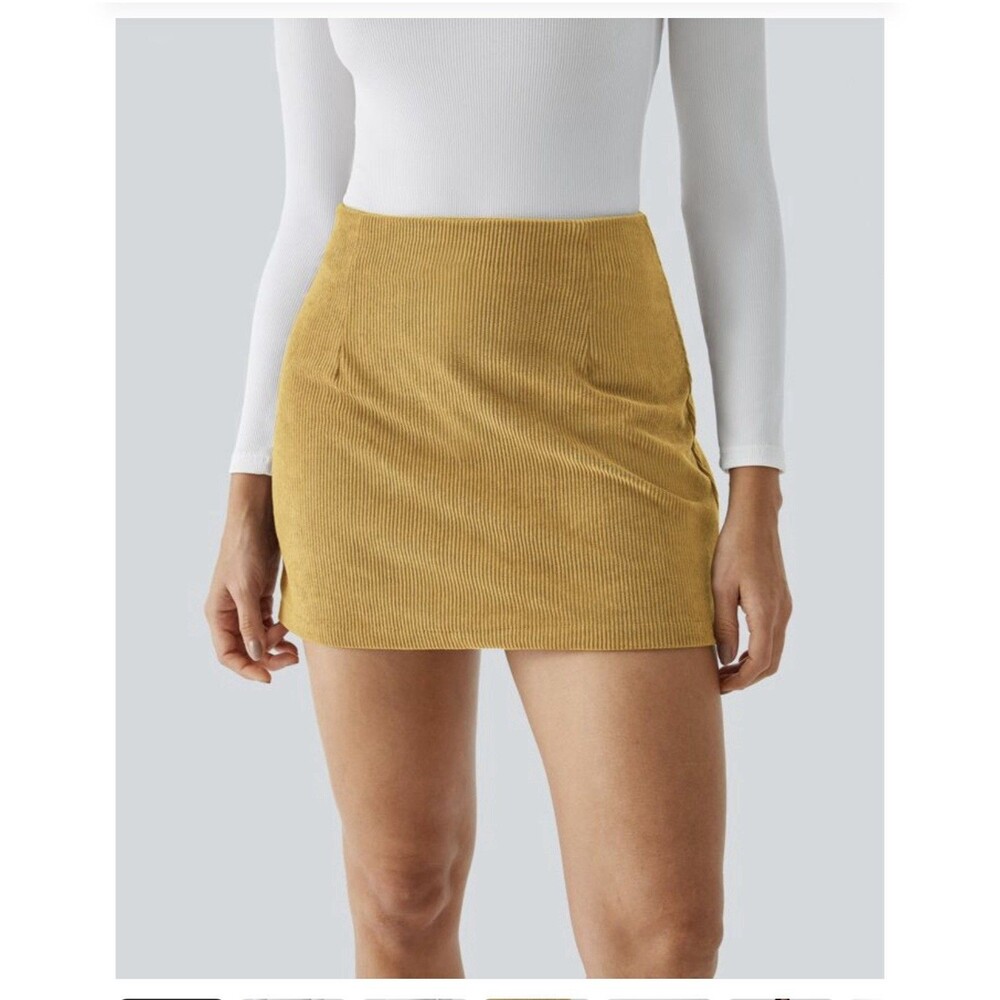 Halara High Waisted 2-in-1 A Line Amber Gold Mini Corduroy Skirt Skort Large